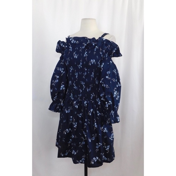 Revolve REBECCA TAYLOR Francine Off Shoulder Dress Floral Smocked Navy Blue 0 - Picture 7 of 16